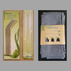NORWEX-Table Napkin set of 4 and Metal straws w/Brush(Bundle) all NEW